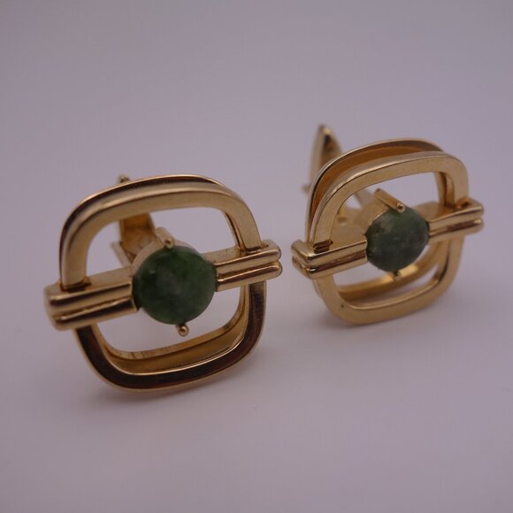 Gold Color Cuff Links with Green Stone PAT 3.208.313 - Picture 2 of 15